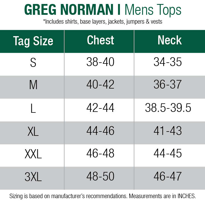 greg norman-shirts-mens size chart